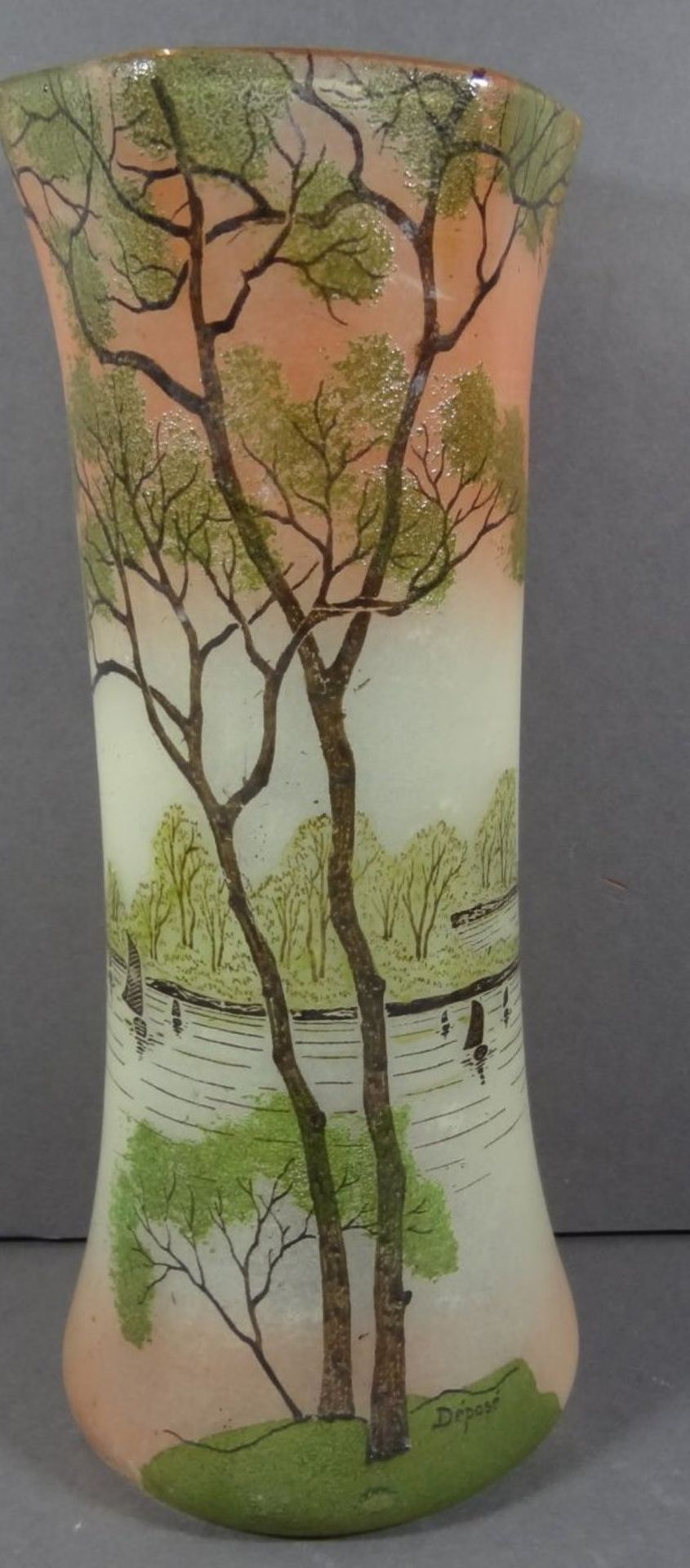 Jugendstil-Vase, beschriftet Depose, bemalt mit Fluss-Szenerie, H-28 cm, D-12 cm - Bild 3 aus 8
