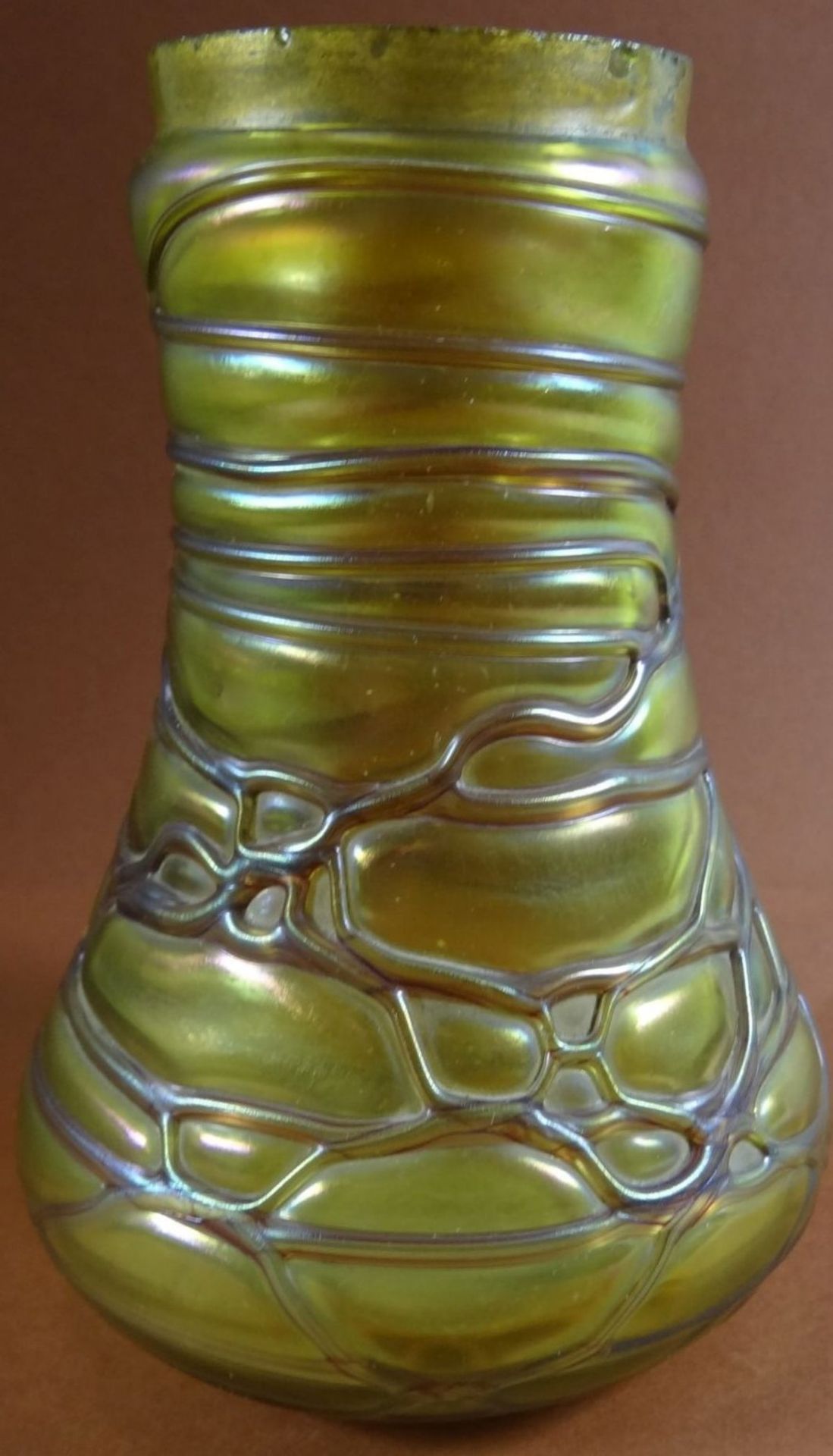 2x Vase oder ähnliches?, "Palme-König" aufgelegte Fäden, lüstrierend Rand mit kl. Chips, H-12,5 cm - Bild 4 aus 10