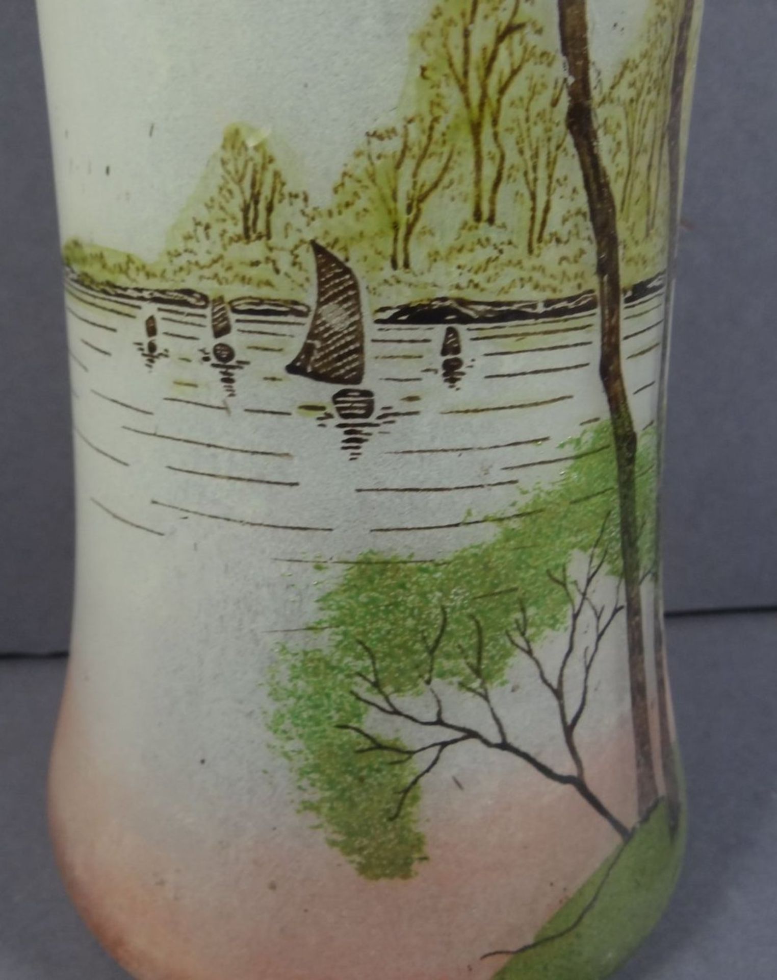 Jugendstil-Vase, beschriftet Depose, bemalt mit Fluss-Szenerie, H-28 cm, D-12 cm - Bild 6 aus 8