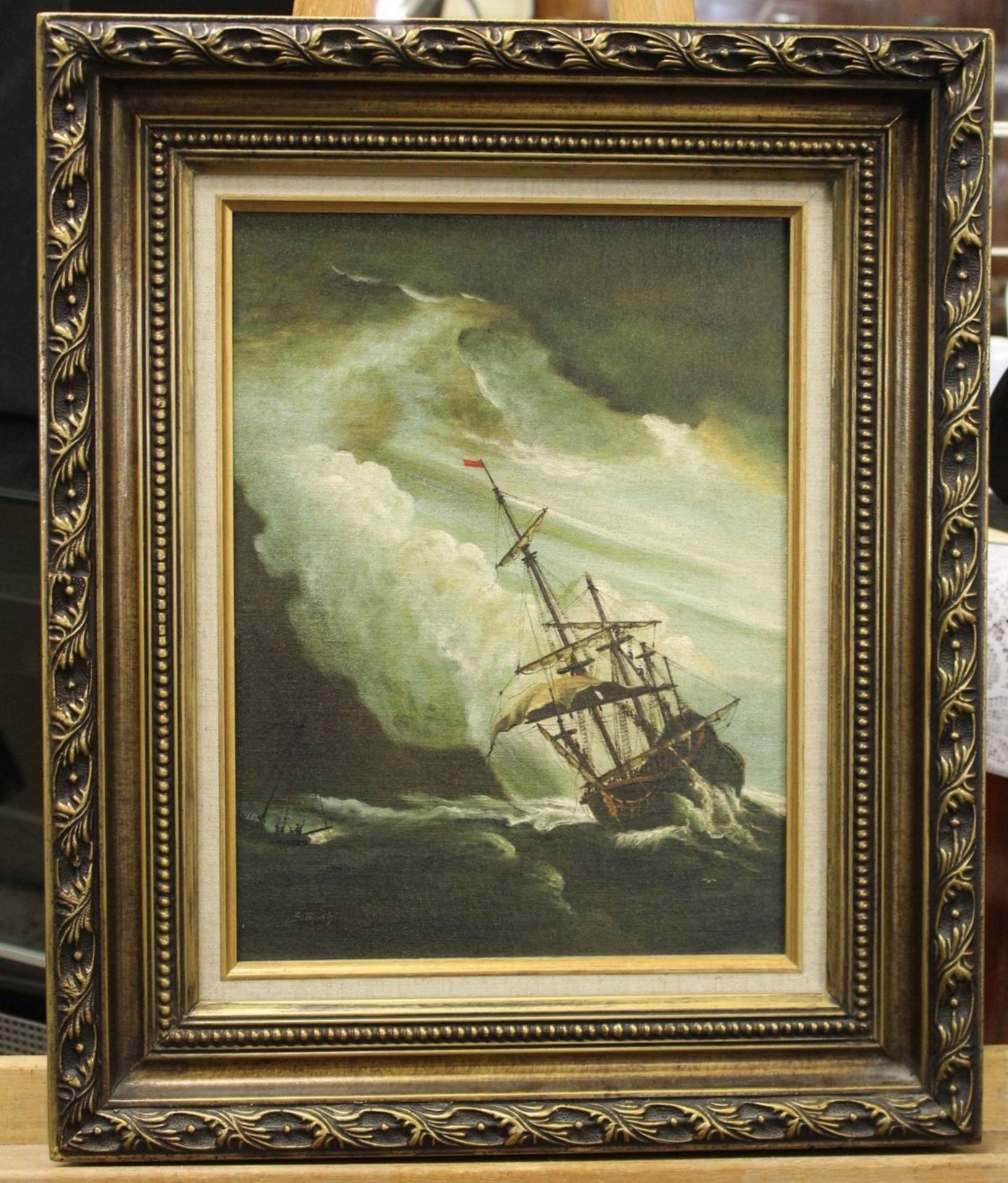 S.Renly o.ä., Schiff im Sturm, Öl/Hartfaser, gerahmt, RG 58,5 x 49cm. - Bild 3 aus 4
