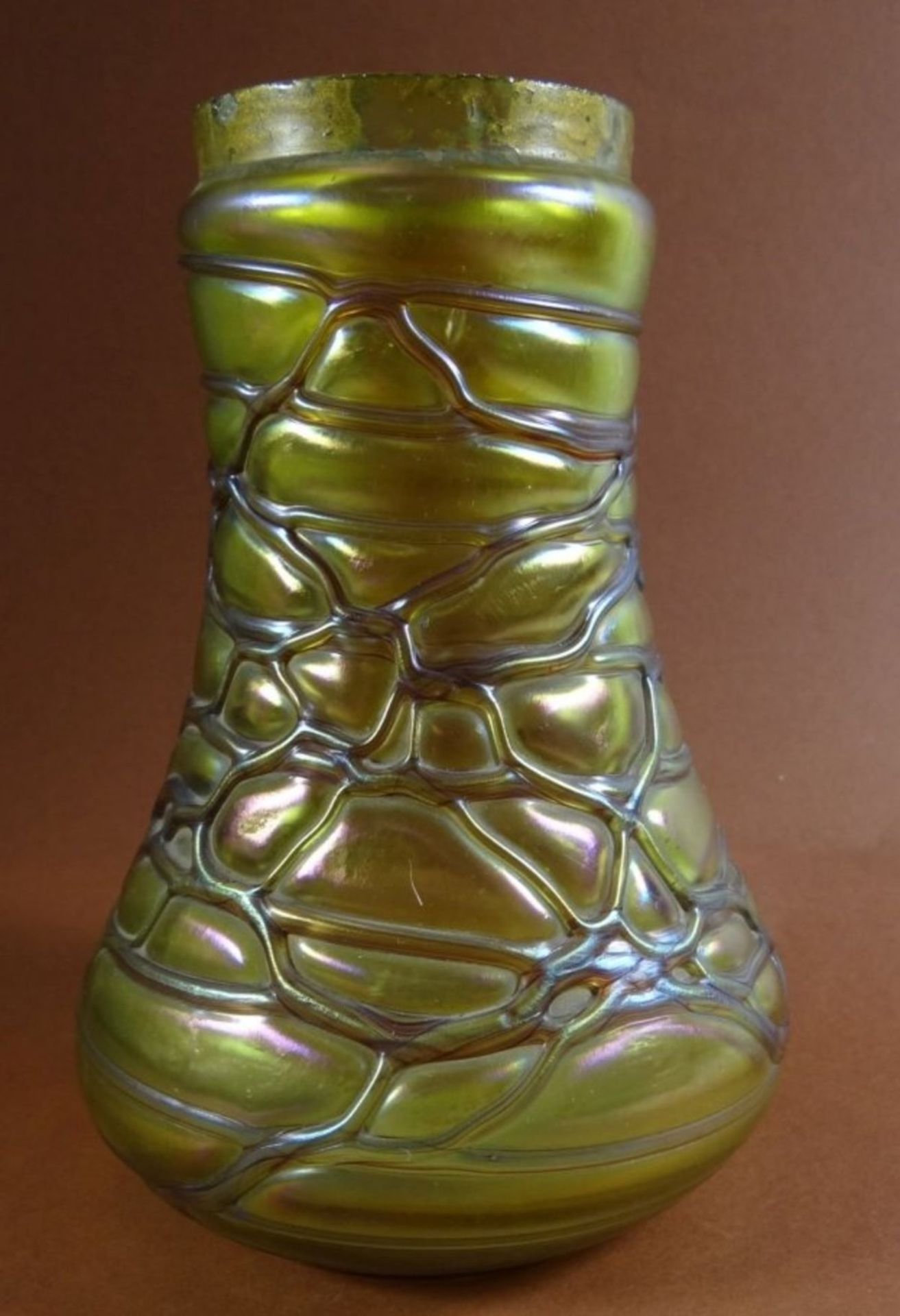 2x Vase oder ähnliches?, "Palme-König" aufgelegte Fäden, lüstrierend Rand mit kl. Chips, H-12,5 cm - Bild 8 aus 10
