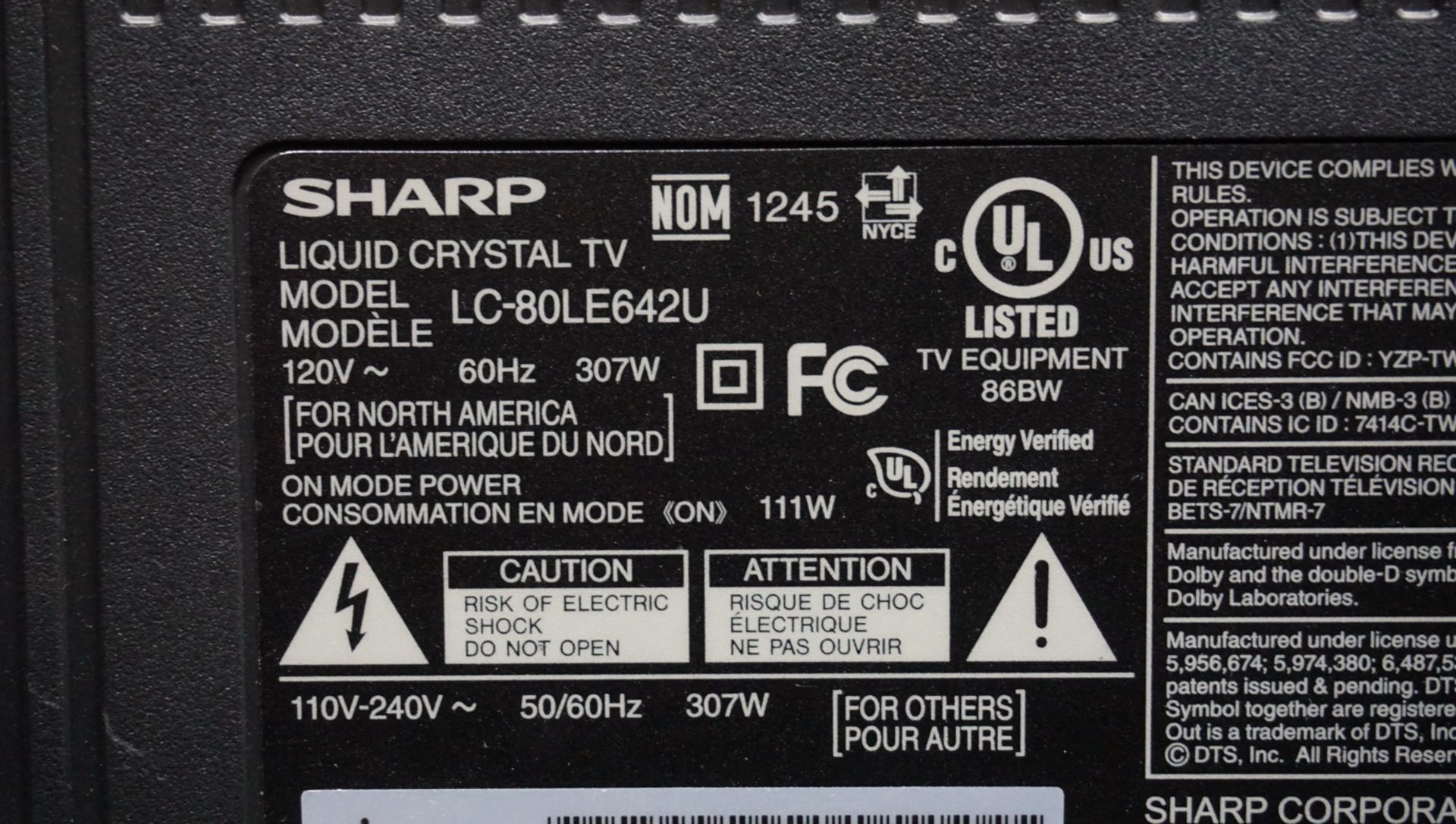 SHARP AQUOS 80” (LC-80LE642U) HD LED SMART TV IN CASE, C/W: HEAVY DUTY CHIEF TRUSS MOUNT BRACKET & - Image 2 of 3