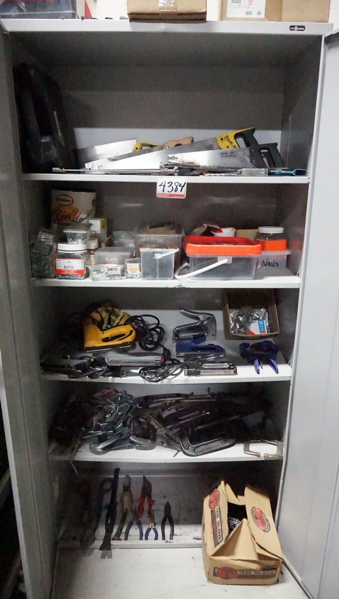 LOT - ELECTRIC STAPLE GUNS, CLAMPS, SAWS W/ 6' GREY CABINET