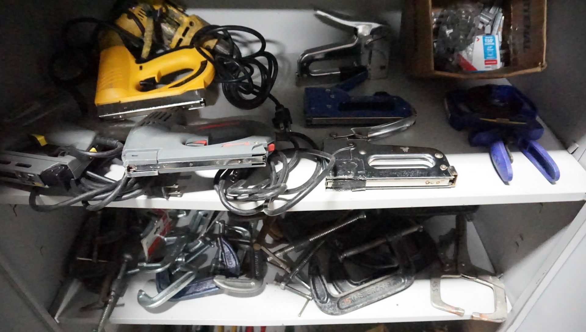 LOT - ELECTRIC STAPLE GUNS, CLAMPS, SAWS W/ 6' GREY CABINET - Image 2 of 3