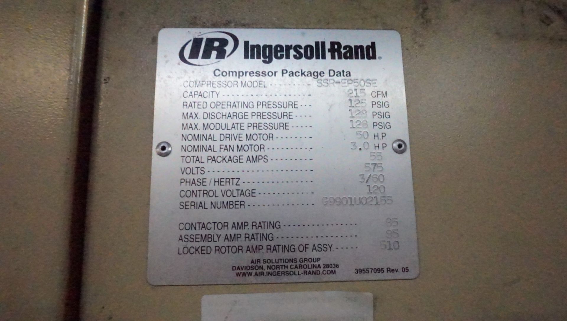 INGERSOL RAND SSR-EP50SE 215 CFM 50 HP AIR COMPRESSOR (575V) S/N G9901U02155 - Image 4 of 4
