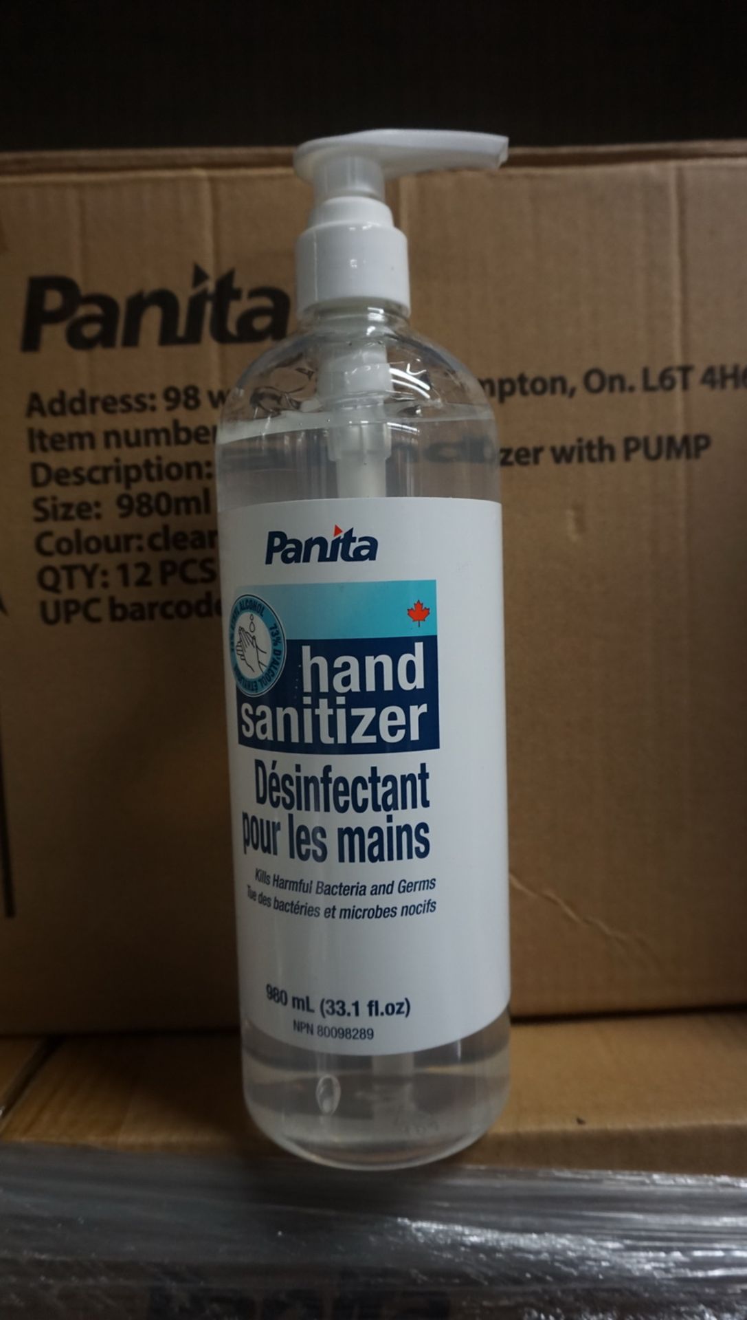 BOXES - PANITA 11981 980ML CLEAR HAND SANITIZER W/ PUMP (12 BOTTLES / BOX) (1 SKID) (EXP MAY 2022)