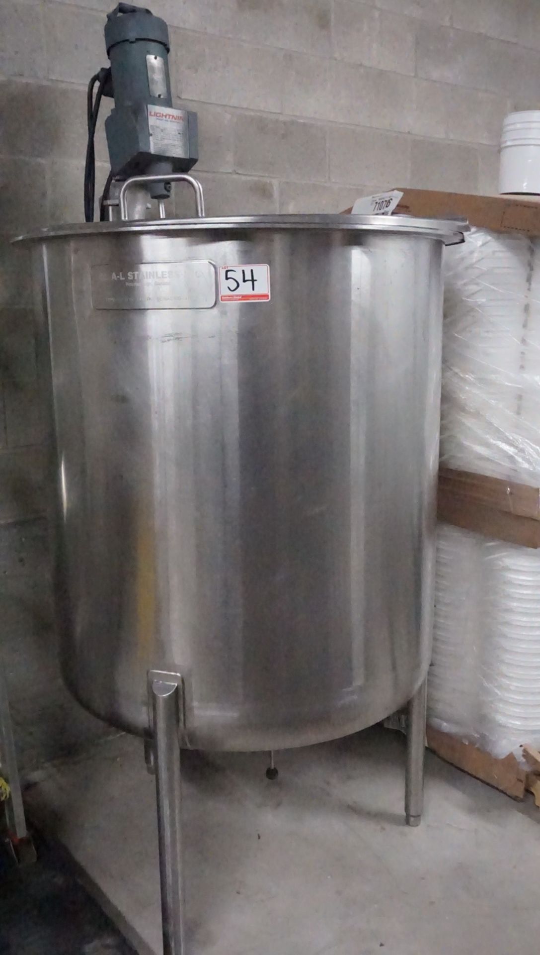 A-L STAINLESS 600 LITRE MIXING TANK (INTERIOR APPROX. 36" X 44"D) W/ BOTTOM DISCHARGE VALVE, S/N