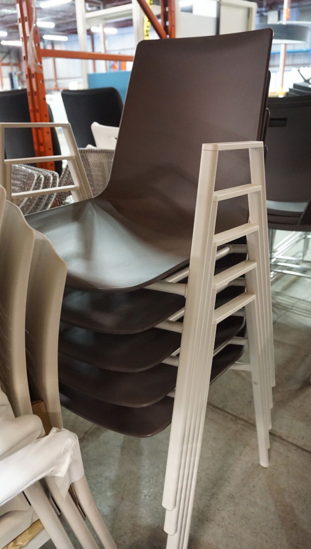 LOT - (3) STRIVE BEIGE PLASTIC & TAN VINYL STACKING ARM CHAIRS & (5) STEELCASE BROWN PLASTIC - Image 2 of 2