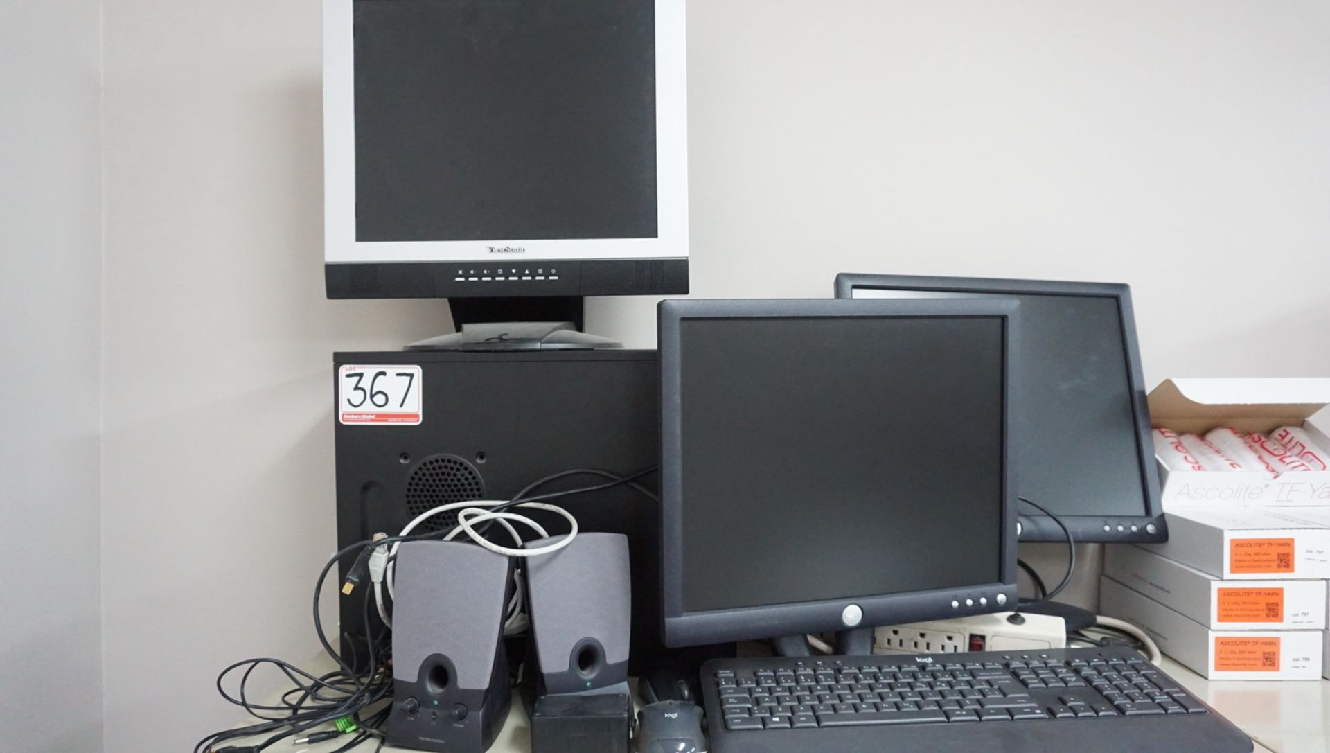 LOT - ASSTD OFFICE SUPPLIES, SCALE, DESKTOP PC (NO HDD), MONITORS, ETC