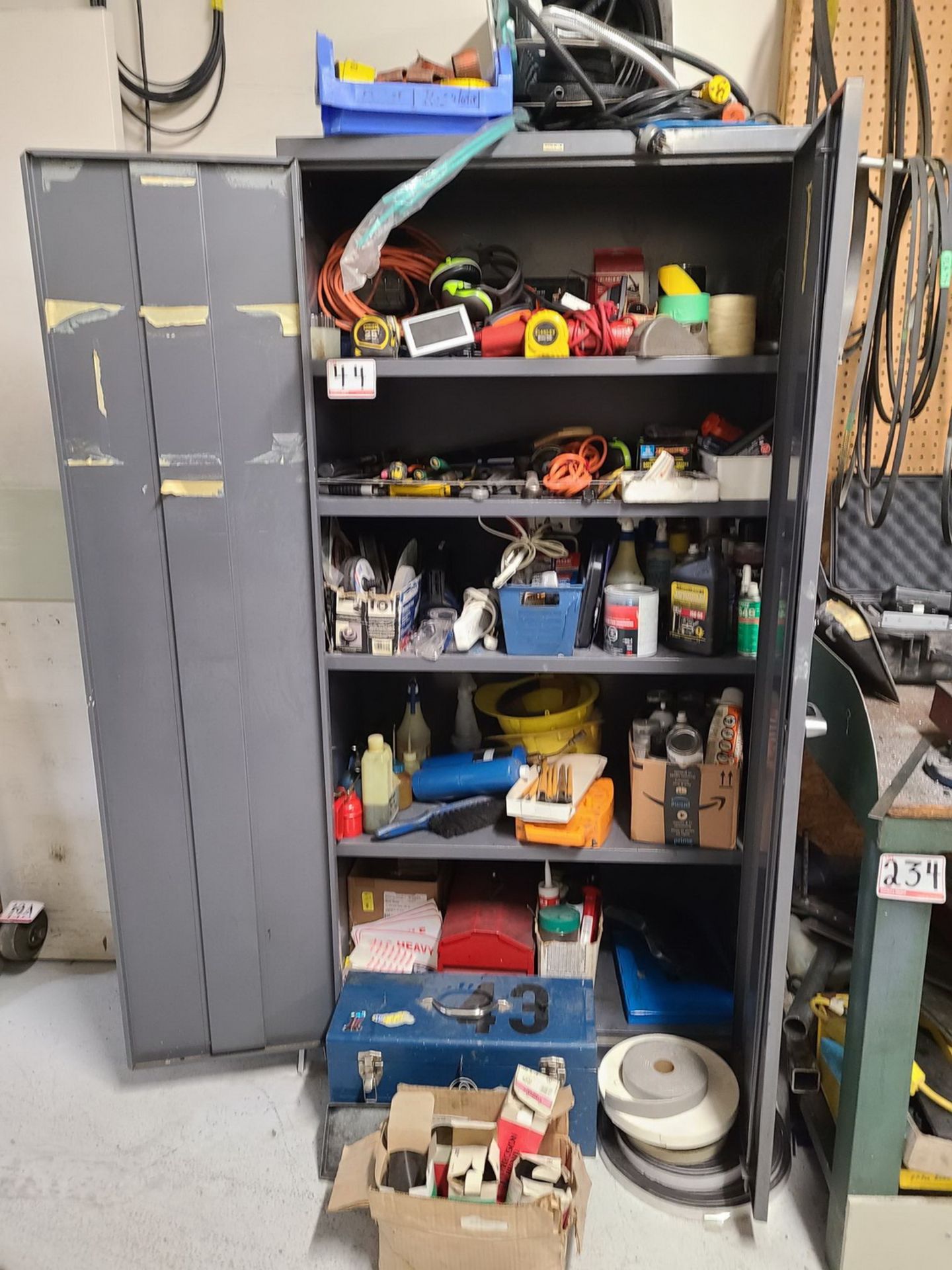 LOT - 2-DOOR SUPPLY CABINET C/W ASSTD HAND TOOLS, PAINTS, OILS, EXTENSION CORDS, ETC