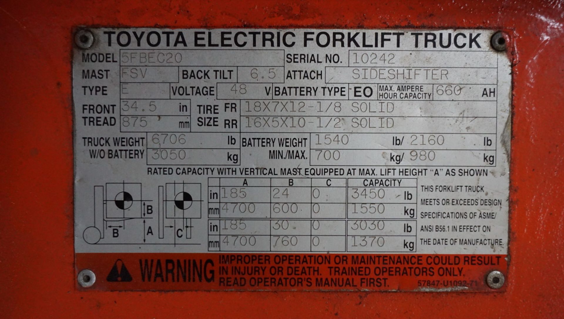 TOYOTA 5FBEC20 4,000LBS CAP ELECTRIC 3-WHEEL FORKLIFT W/ 185"H LIFT, 3-STAGE MAST, & SIDE SHIFT, S/N - Image 7 of 7