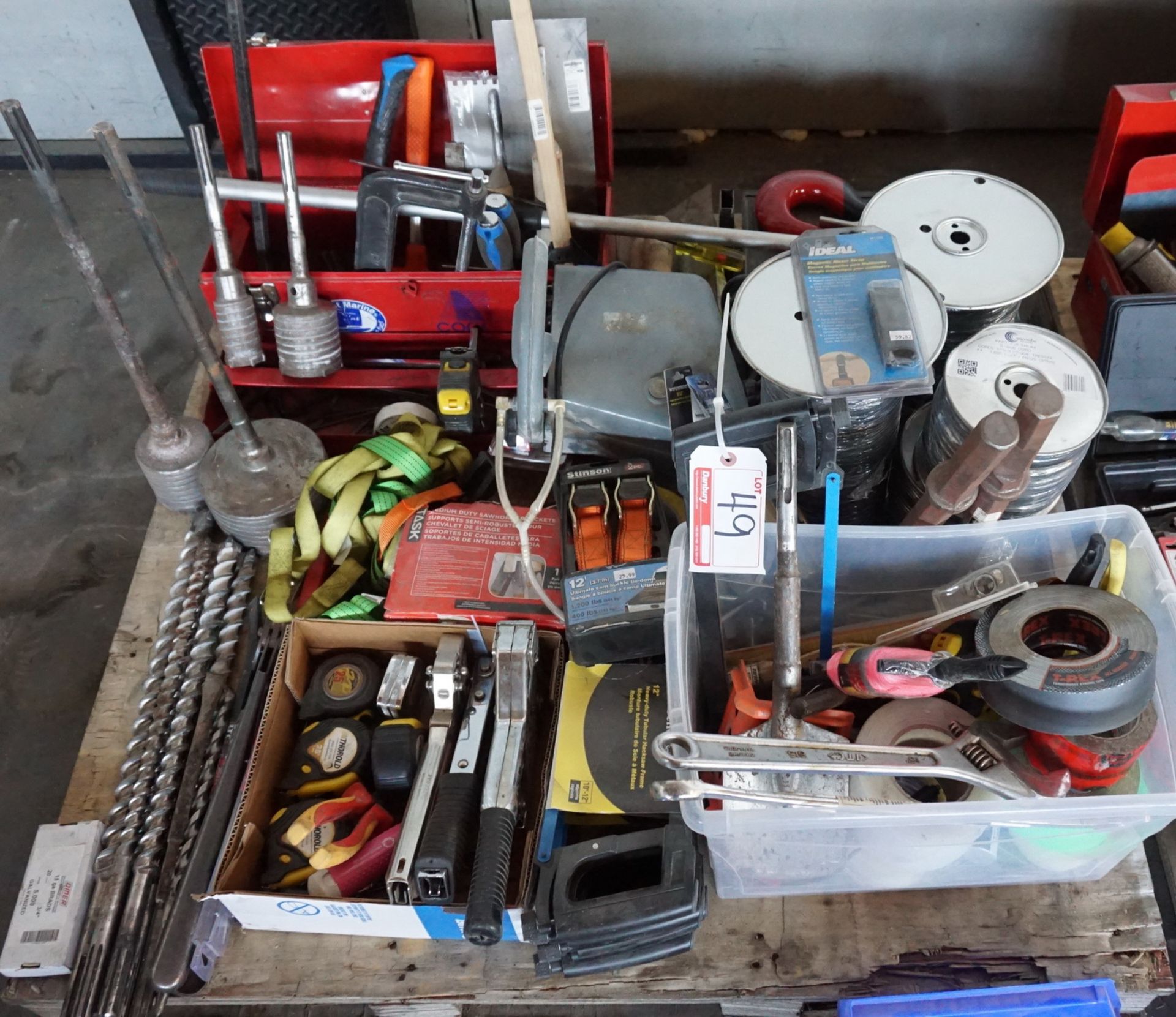 CONCRETE HOLE CORING BITS, HAMMER, STAPLERS, STAGE CORD, & RATCHET STRAPS (1 SKID)