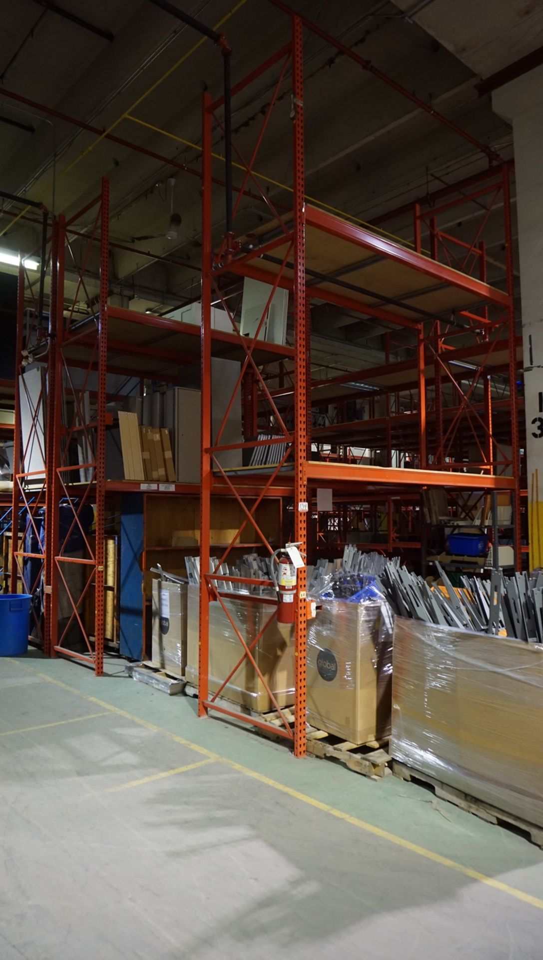 SECTIONS - ORANGE STEEL 4' X 12' X 18'H PALLET RACKING (12 UPRIGHTS & 28 STRINGERS TOTAL) C/W MDF