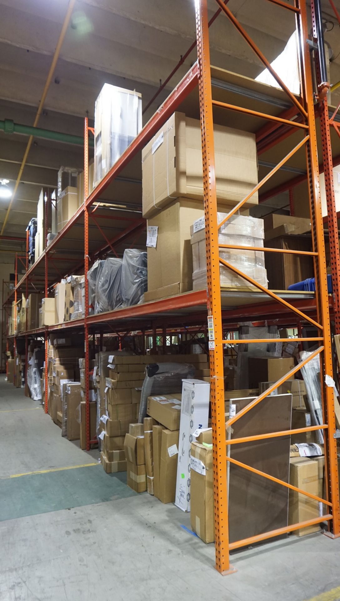 SECTIONS - ORANGE STEEL 4' X 12' X 18' PALLET RACKING (24 STRINGERS TOTAL) C/W MDF WOOD (RIGGING FEE