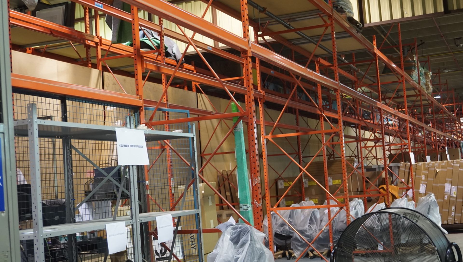 SECTIONS - ORANGE STEEL 4' X 12' X (1) 14'H & (17) 18'H PALLET RACKING C/W MDF WOOD (68 STRINGERS - Image 2 of 2