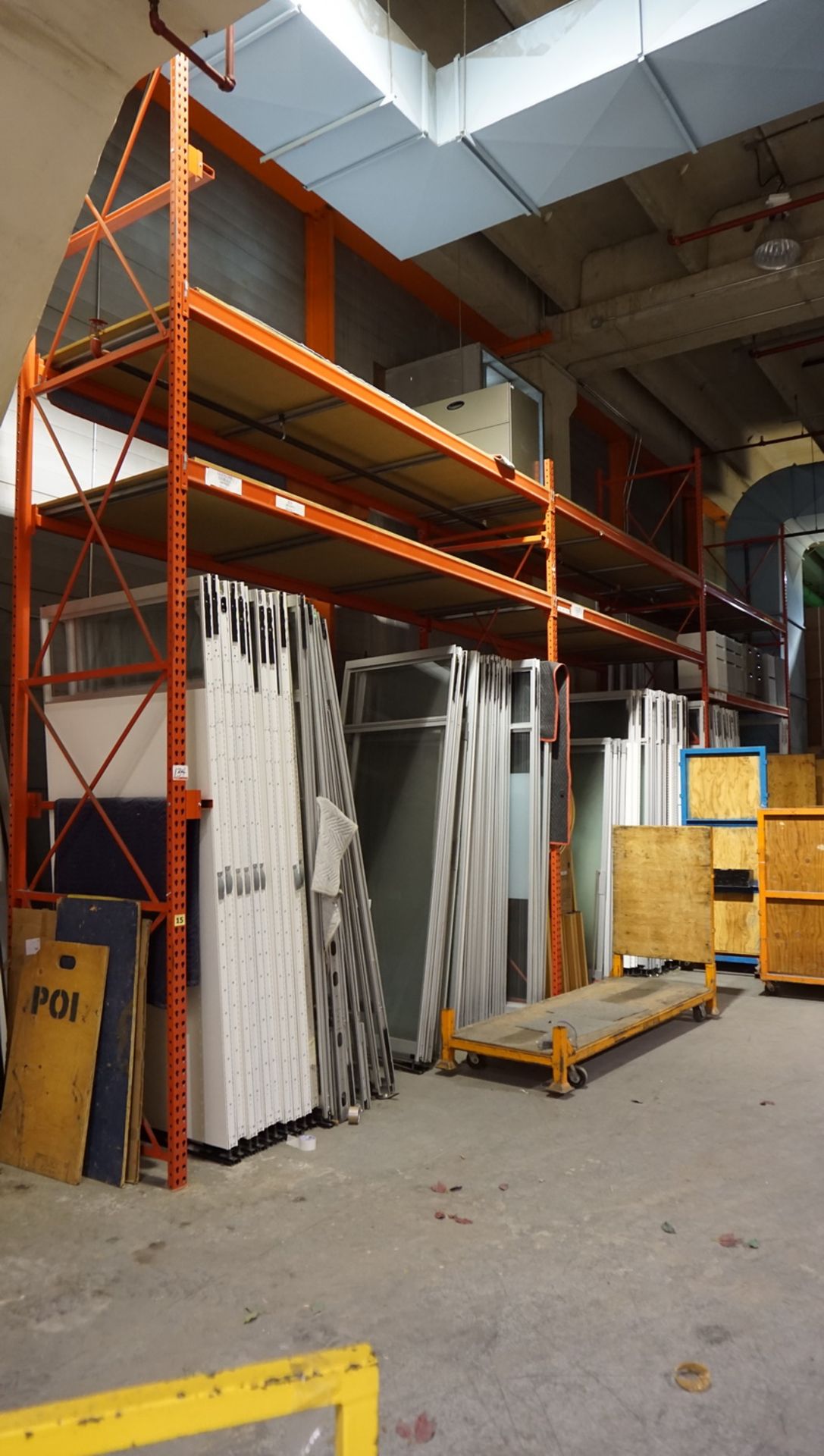 SECTIONS - ORANGE STEEL 4' X 12' X 18'H PALLET RACKING (12 UPRIGHTS & 28 STRINGERS TOTAL) C/W MDF - Image 3 of 3
