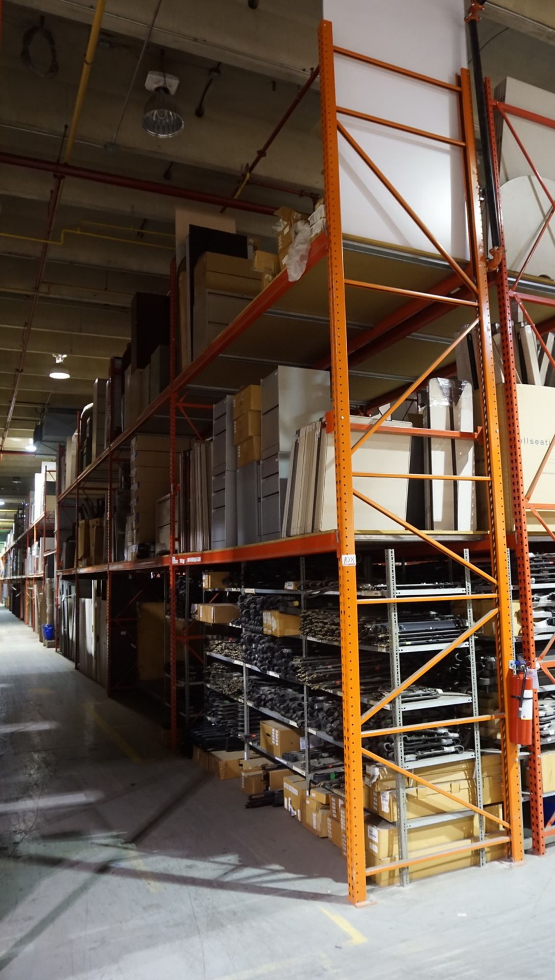 SECTIONS - ORANGE STEEL 4' X 12' X (7) 14'H & (11) 18'H PALLET RACKING (64 STRINGERS TOTAL) (RIGGING