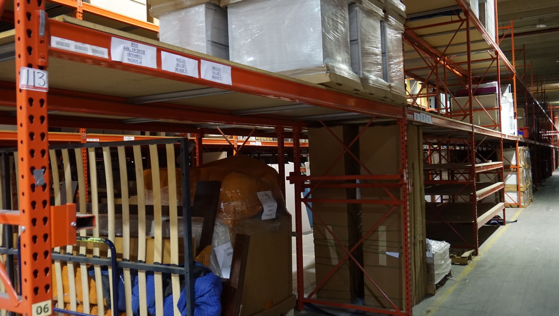 SECTIONS - ORANGE STEEL 4' X 12' X 18'H PALLET RACKING (74 STRINGERS TOTAL) (RIGGING FEE $40 / SECT - Image 2 of 2