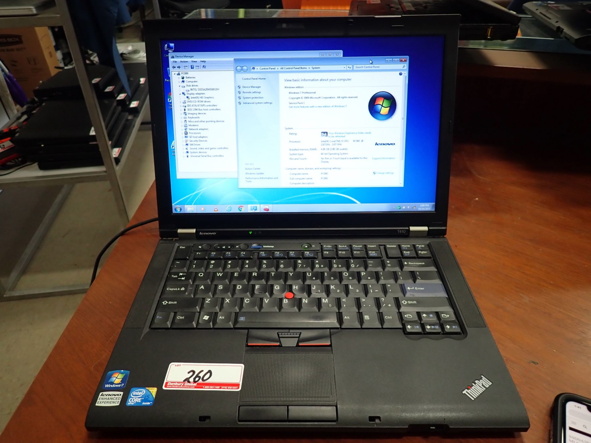 LENOVO T410 LAPTOP C/W INTEL CORE I5 M560 2.67GHZ CPU, 4GB RAM, 160GB SSD C/W POWER SUPPLY