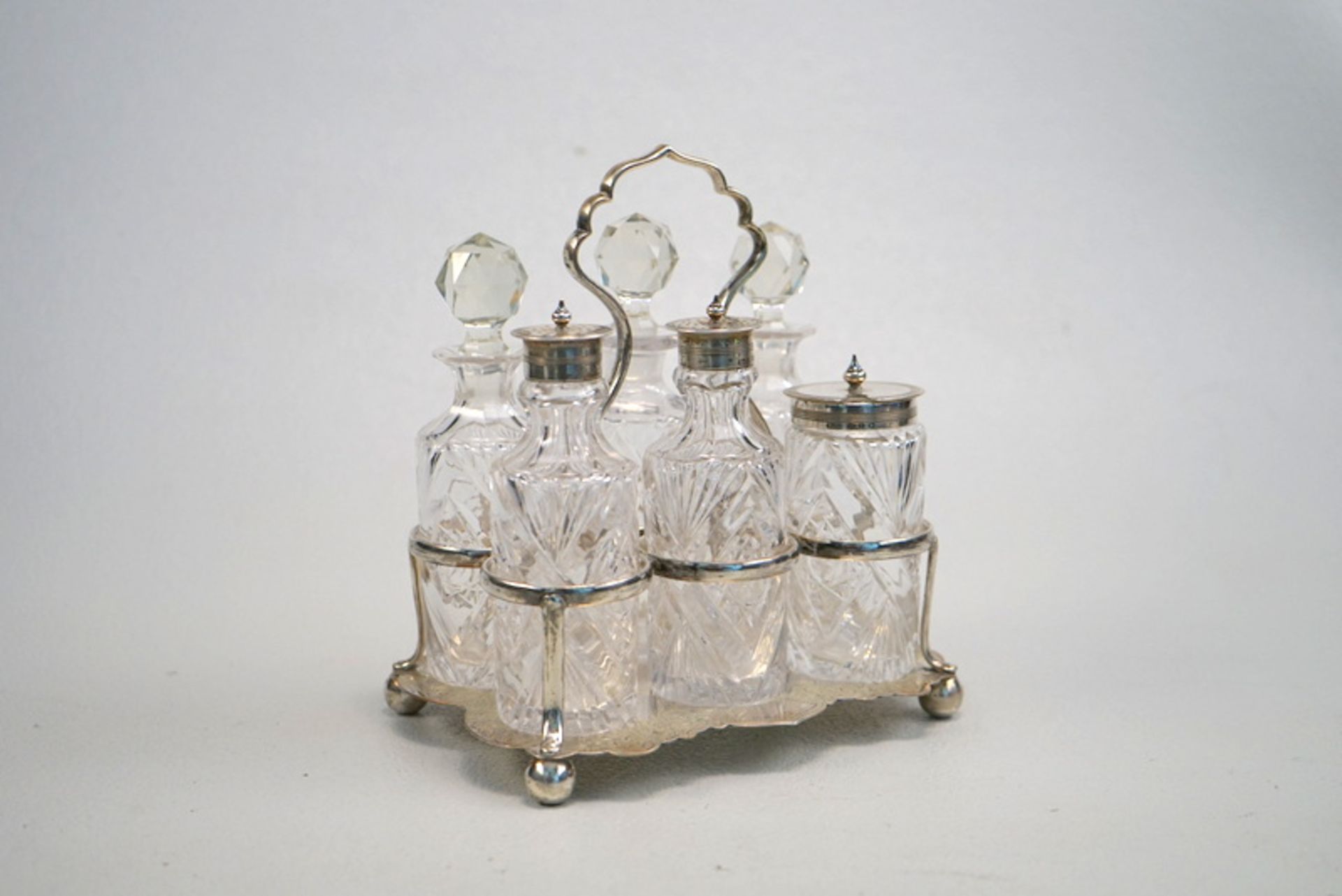 Komplette Menage, Glas mit 925er Sterling, Birmingham 1897,dickwandiges Kristallglas geschliffen,