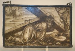 Hinterglasmalerei" Christus bricht unter dem Kreuz zusammen", 17.Jhd.,geblasenes Glas mit