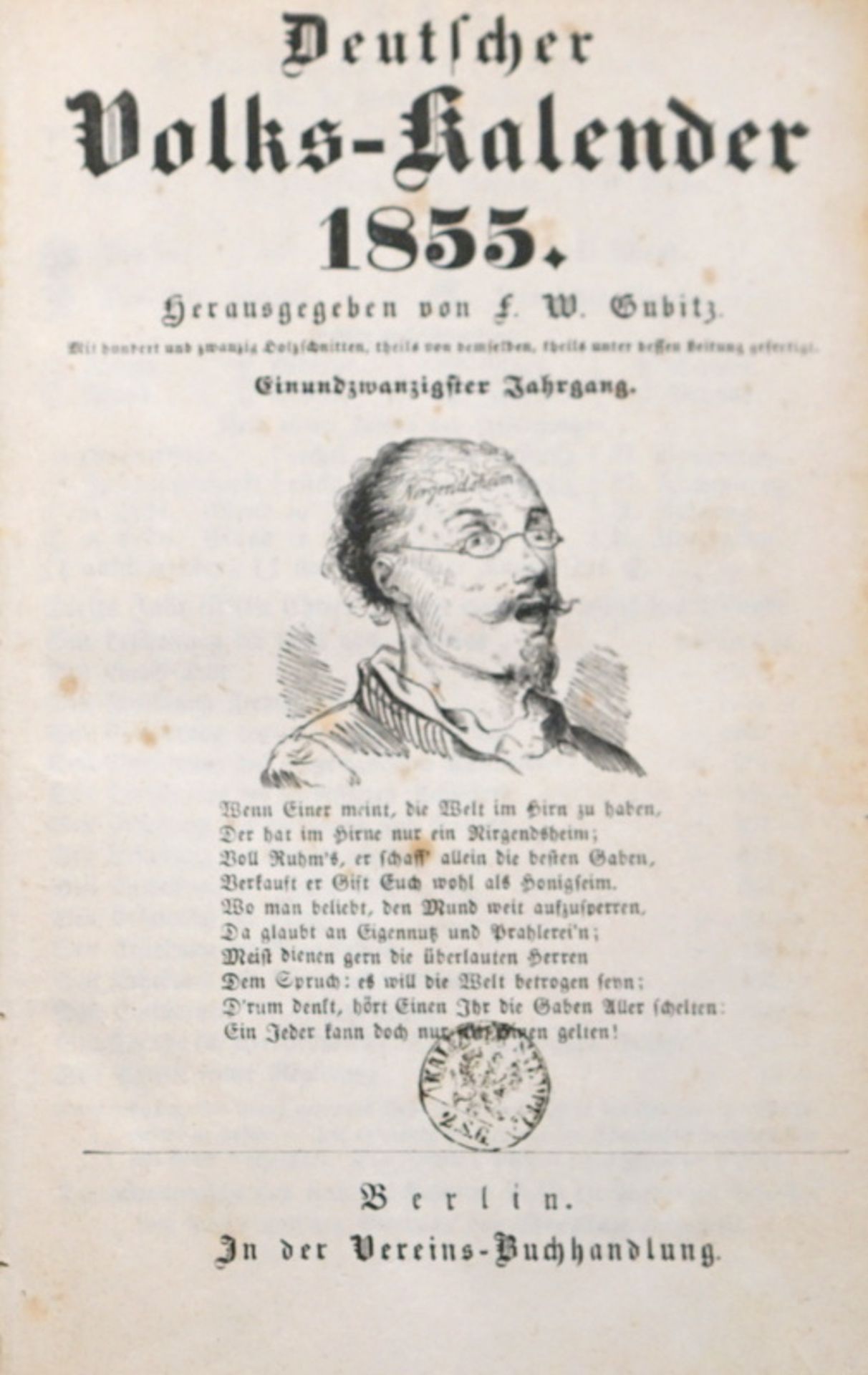 Gubitz Volkskalender von 1855,mit 120 Holzschnitten, verlegt in der Vereinsbuchhandlung Berlin, 17,2 - Image 2 of 2