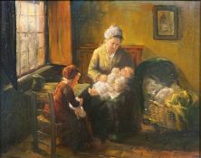 Unbekannter Maler des 19. Jhd.: Interieurszene: Mutter mit Kindern,Muter sitzt mit zwei Kindern am