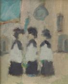 Migotti, Arnaldo (Brescia 1906 -): Messdiener vor einer Kirche in Brescia,Öl auf Karton, unten links