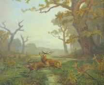 Jungblut, Hans: Zwei Hirsche und Rehe über einen Bachlauf setzend,Öl auf Leinwand, unten links