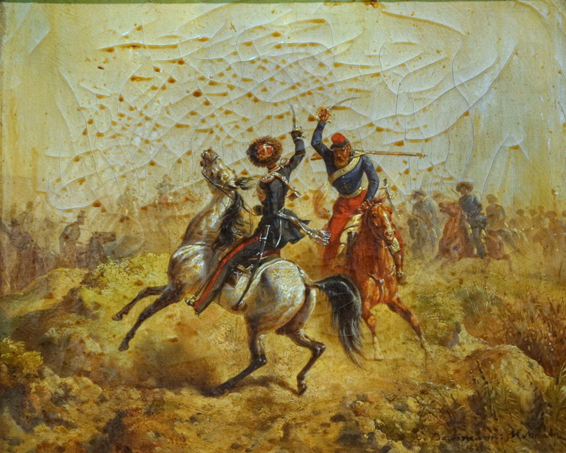 Maler des 19.Jhd.: Kavalleriekampf,Öl auf Leinwand, Darstellung zweier kämpfender Soldaten zu
