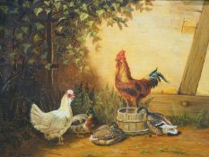 Schönian, Alfred (1856-1936): Hühner und Enten am Futtertrog,Öl auf Leinwand, signiert unten