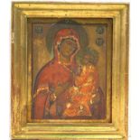 Russische Reiseikone Madonna "Hodegetria", ca. 1830,Laubholz Vergoldet Kaseinmalerei Kleinere