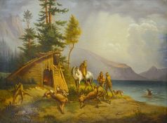 österreichischer Maler des 19.Jhd.: Jagdliche Gesellschaft in alpiner Landschaft,Öl auf Leinwand,