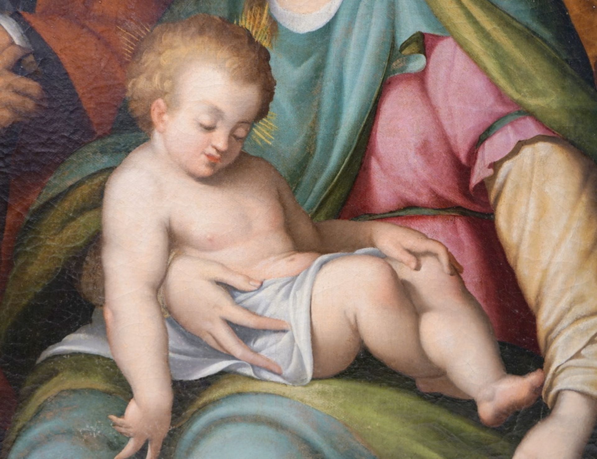 Florentiner Meister, Umkreis Alessandro Allori, Thronende Madonna mit Kind und Heiligen - Image 7 of 12