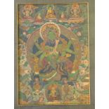 Tangka mit grüner Tara umgeben von meditierenden Bodisattva,Grüne Taera auf Lotosthron umgeben von