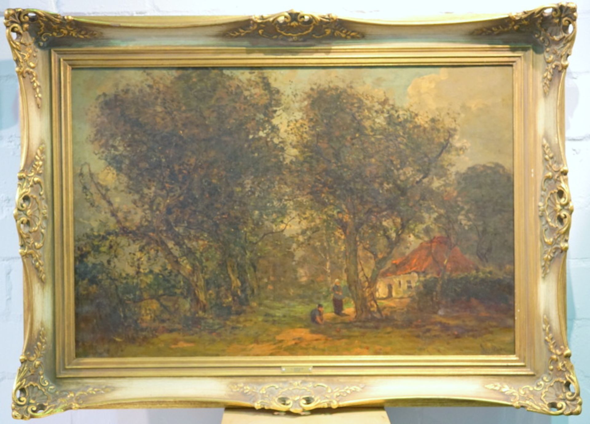 de Buck, Leonard (1874-1954): Baumbestandene Landschaft mit Apfelpflückern, ca. 1914,Öl auf