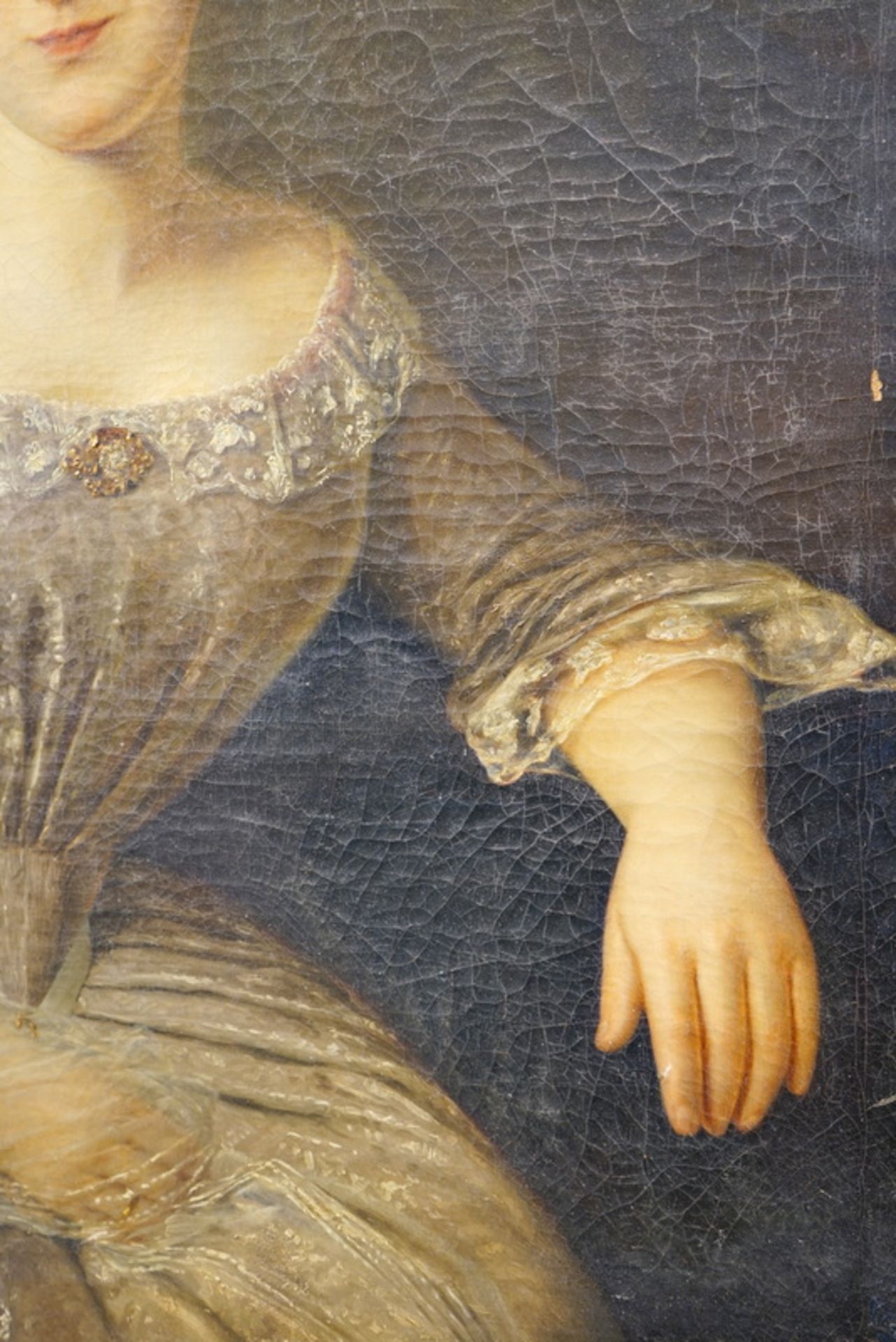 Großes Ehebildnis einer Dame, 19. Jhd.,großformatiges Halbfigurenporträt einer sitztenden Dame in - Image 3 of 4