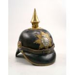 Infantrie Pickelhaube Sachsen ca. 1880,Leder Geschwärzt, Messingumfasst, Sächsisches Hoheitswappen