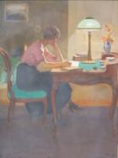Monogrammist BW: Junge Frau am Schreibtisch lesend, 1920er Jahre,Gouasche auf Papier/Pappe, rechts