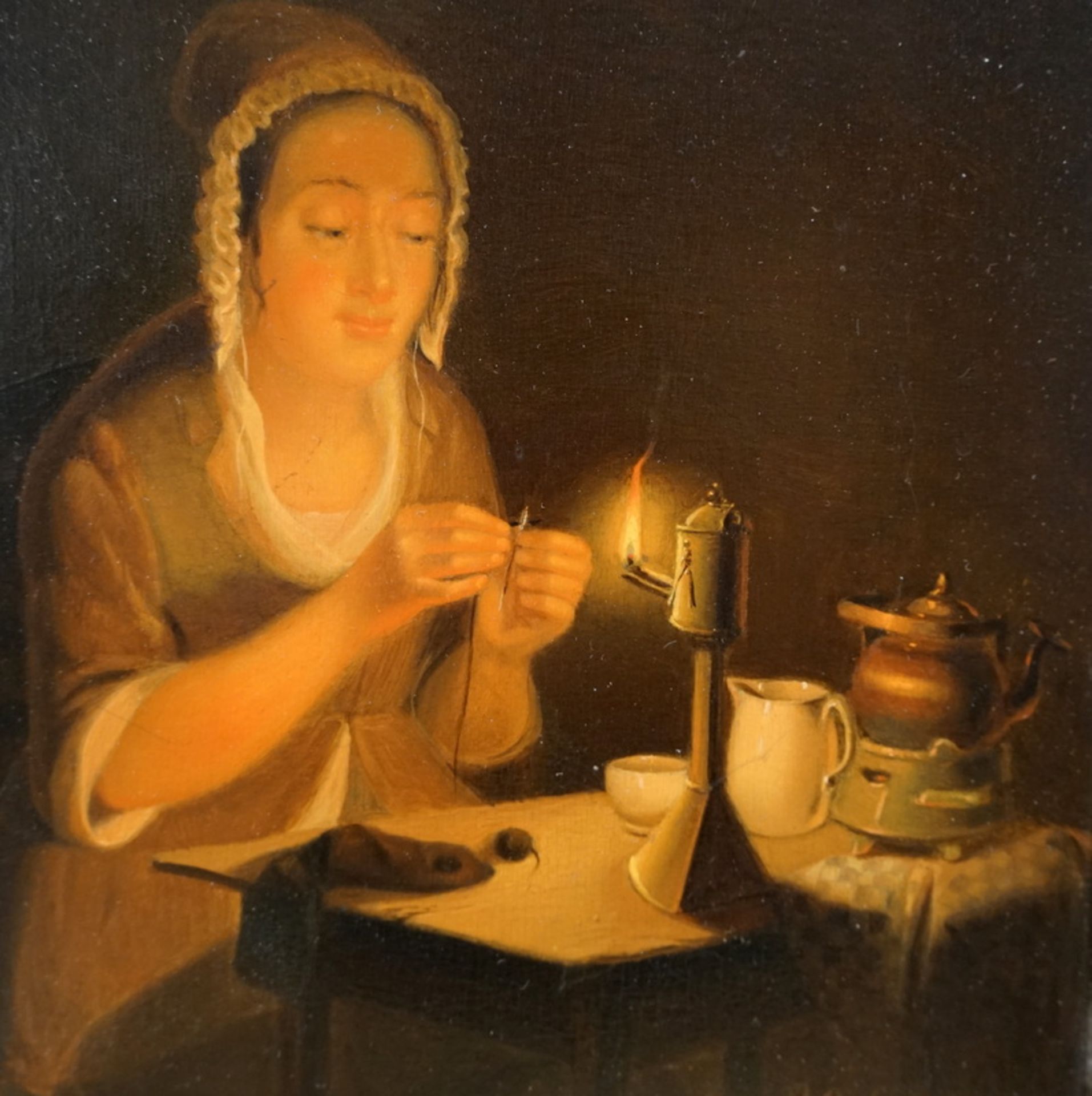 Sjamaar, Pieter Gerhardus (1819 Amsterdam - 1876 Den Haag.): Interieur: Einfädeln im Kerzenschein, - Bild 3 aus 5