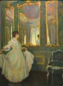 Kühn, Josef (1872 Mannheim - 1933 München): Dame im Spiegelsalon,Öl auf Karton, Darstellung einer