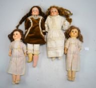 Vier kleine Puppen, 1. Hälfte 20. Jhd.,Celluloid- und Porzellanköpfe, Körper aus Leder und aus