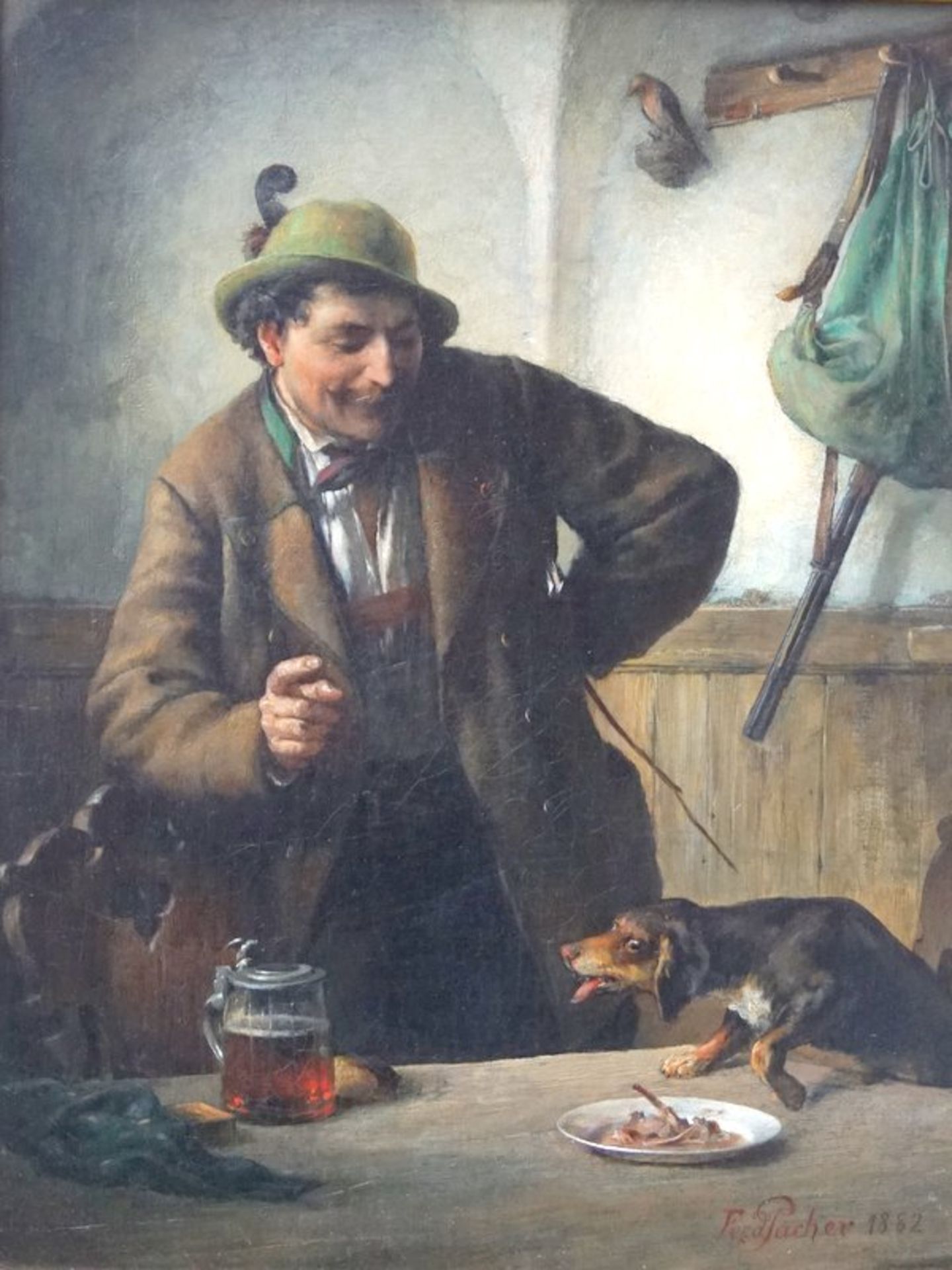 Pacher, Ferdinand (1852 Bad Reichenhall - 1911 ebenda): Jäger dressiert seinen Jagdhund, dat. 1882, - Image 2 of 4