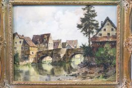 Bröcker, Ernst (1893-1963): Dorfansicht mit Flussufer und Brücke,Öl auf Leinwand, signiert unten
