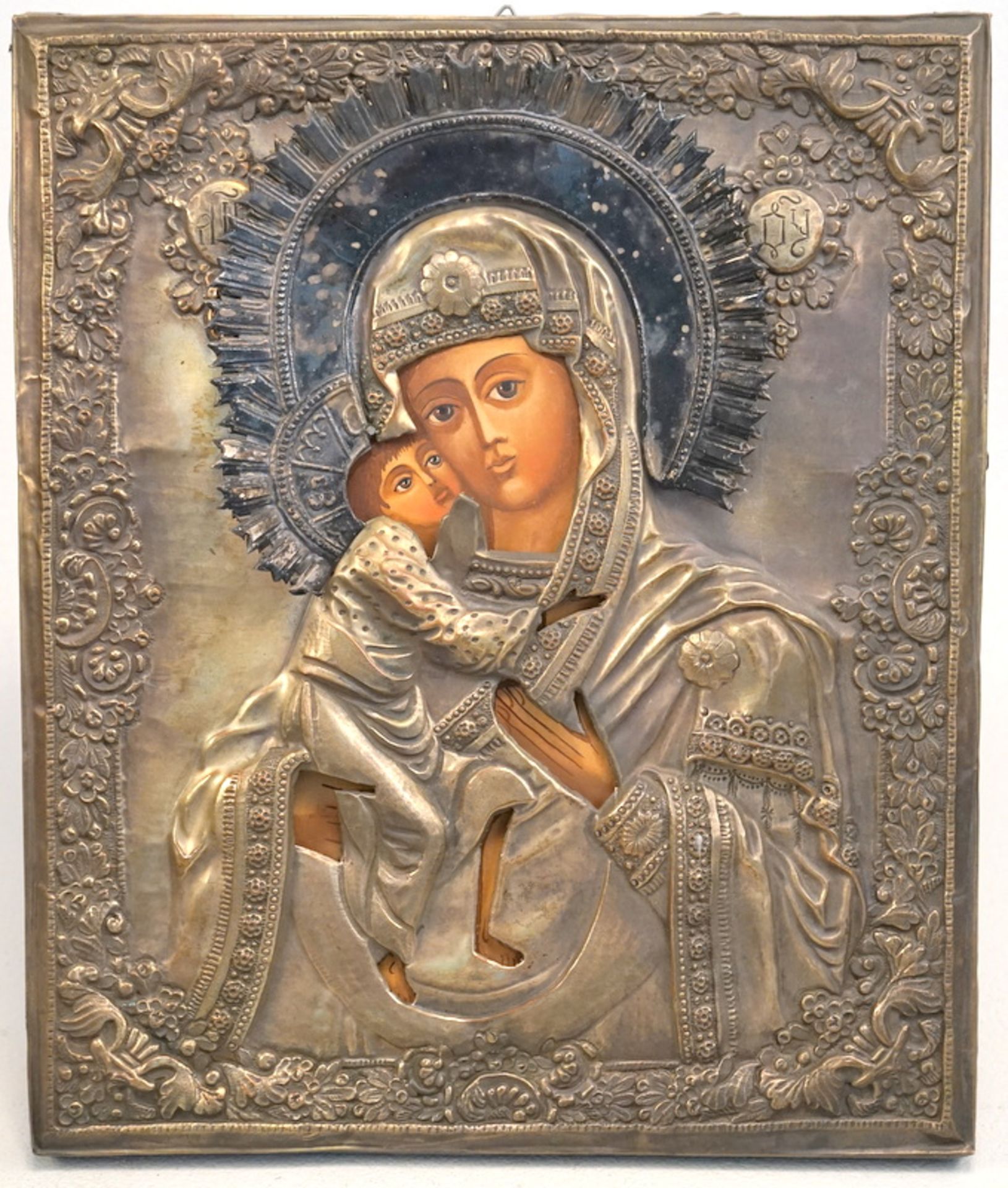 Ikone Madonna mit Kind, im Oklat, russisch, ca. um 1900,Malerei auf Holz, Oklat Messing