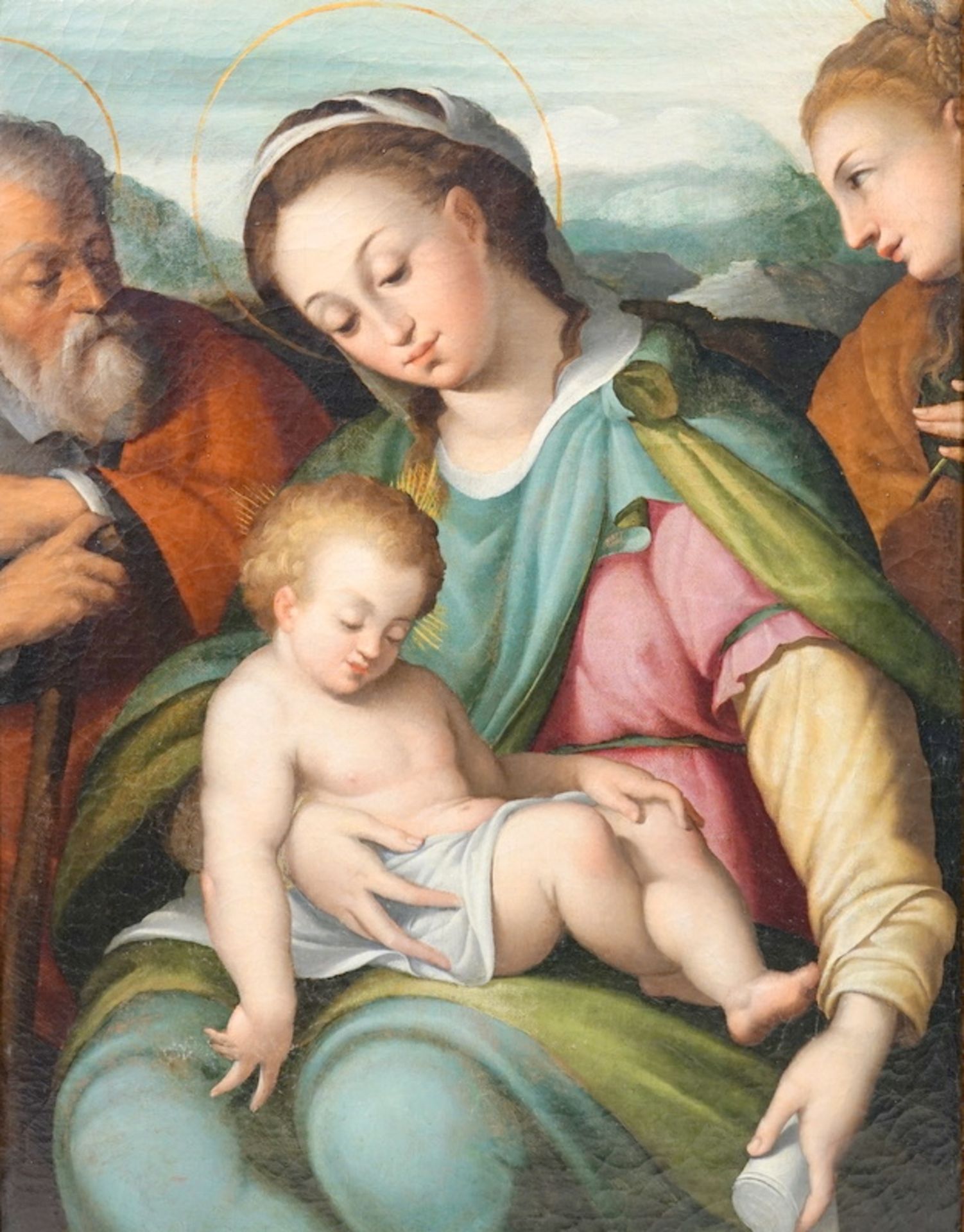 Florentiner Meister, Umkreis Alessandro Allori, Thronende Madonna mit Kind und Heiligen - Image 2 of 12