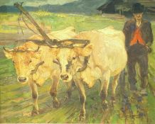 Looschen, Reent (1893 Berlin -1945 Mittelwald): Norddeutscher Bauer mit zwei Ochsen vor einen