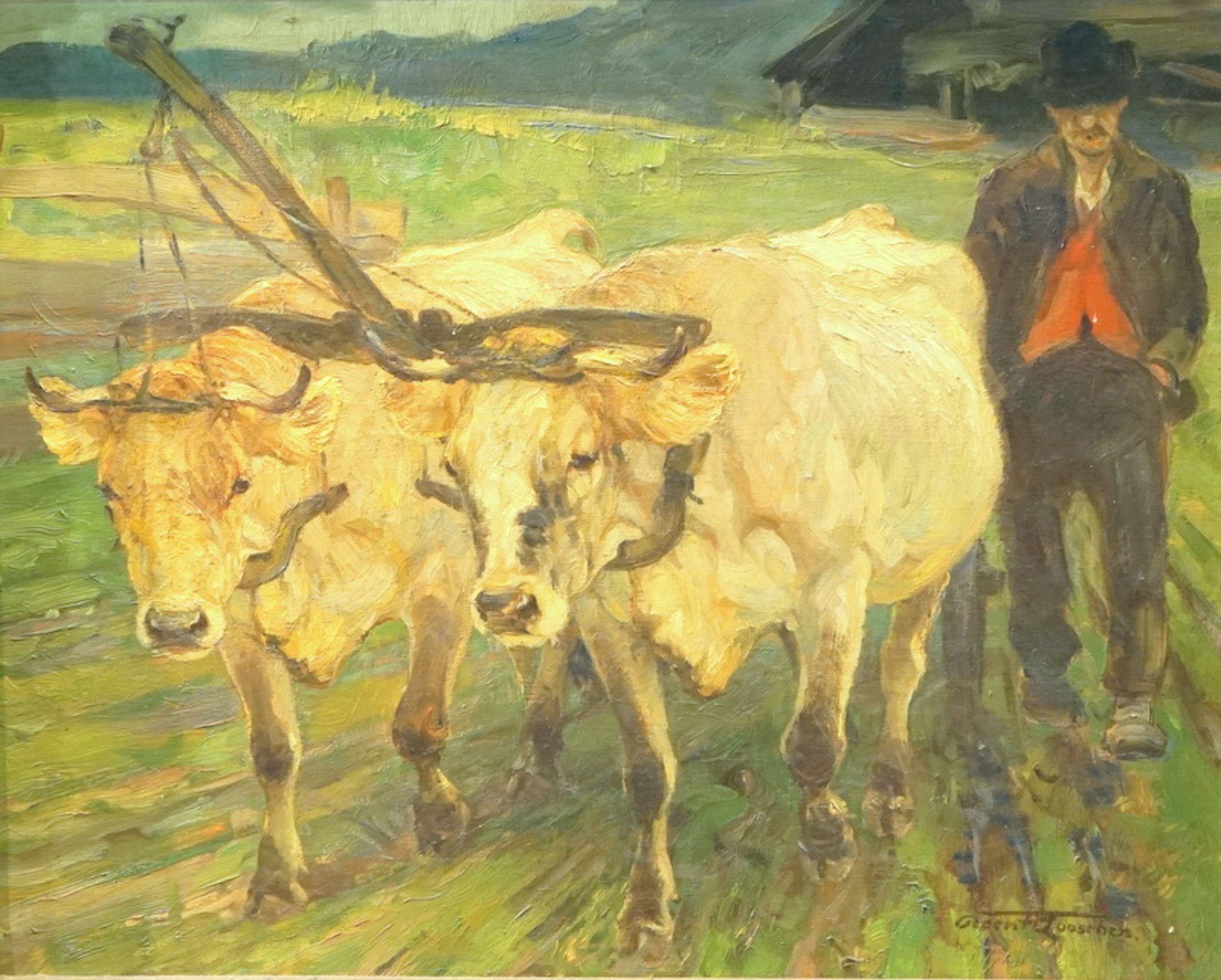 Looschen, Reent (1893 Berlin -1945 Mittelwald): Norddeutscher Bauer mit zwei Ochsen vor einen