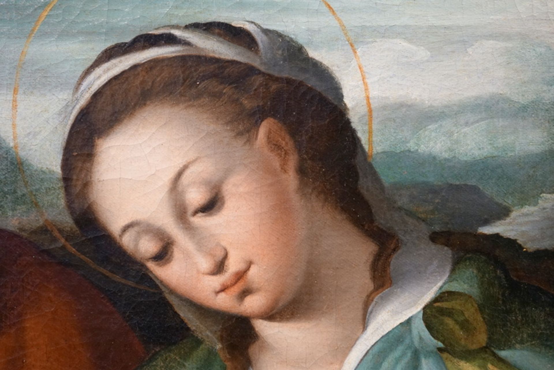 Florentiner Meister, Umkreis Alessandro Allori, Thronende Madonna mit Kind und Heiligen - Image 9 of 12
