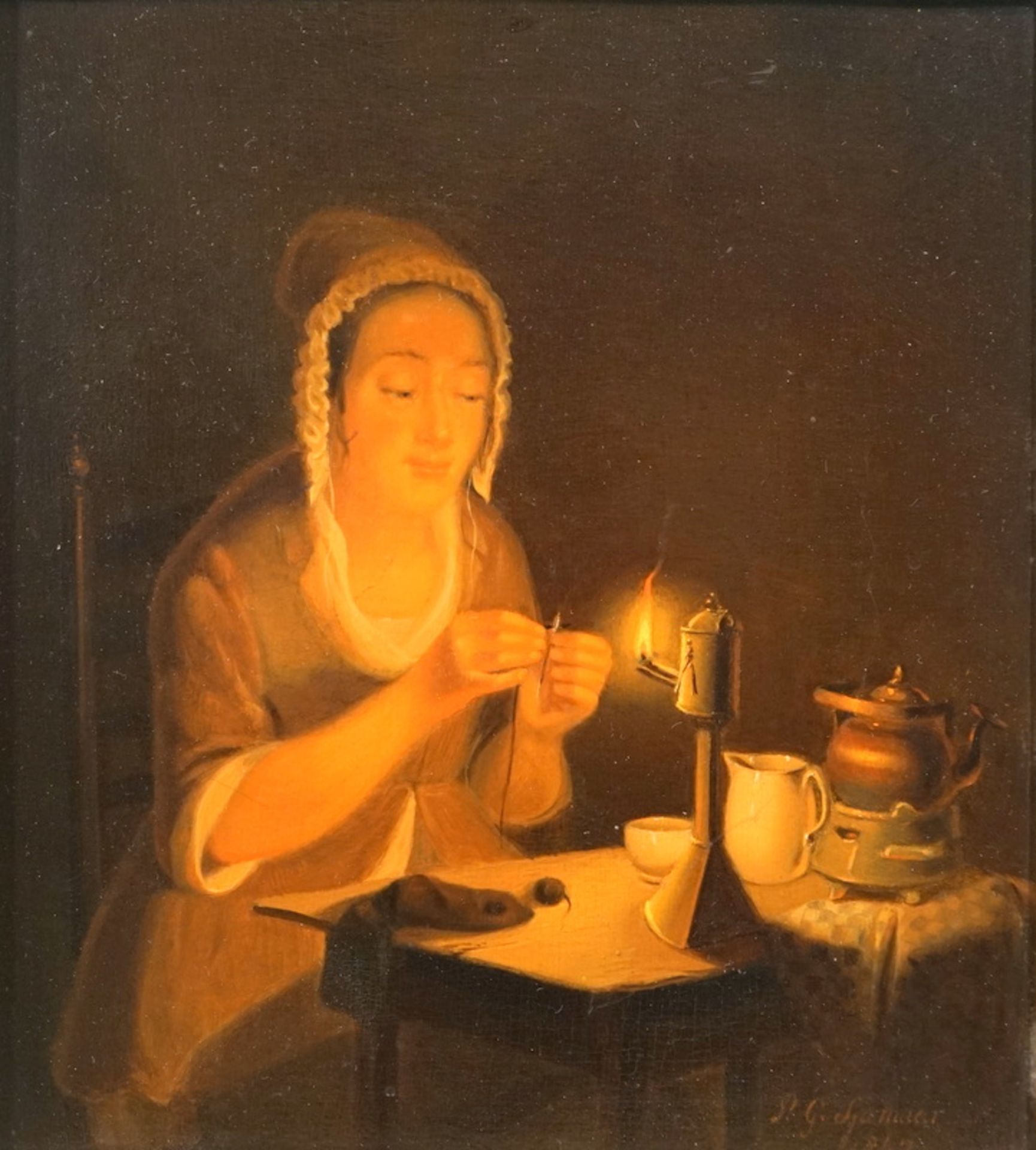 Sjamaar, Pieter Gerhardus (1819 Amsterdam - 1876 Den Haag.): Interieur: Einfädeln im Kerzenschein, - Bild 2 aus 5